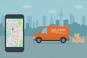 van deliverying parcels and mobile phone with a map